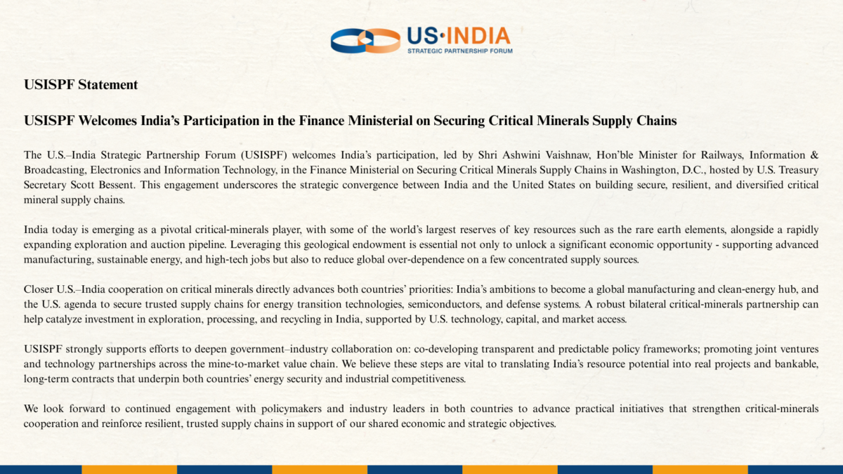 USISPF Welcomes India’s Participation in the Finance Ministerial on Securing Critical Minerals Supply Chains