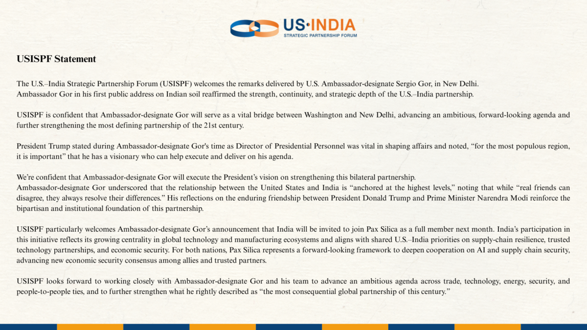 USISPF Statement on Remarks by U.S. Ambassador-designate Sergio Gor in New Delhi