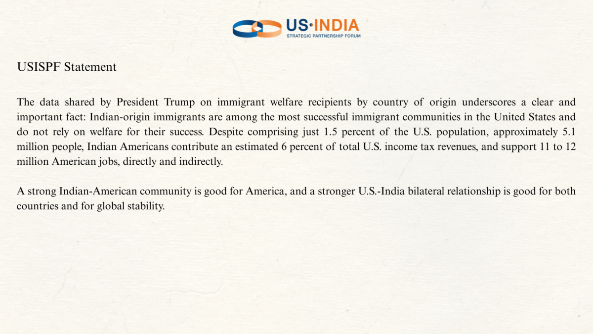 USISPF Statement on Indian-Origin Immigrants and Welfare Data